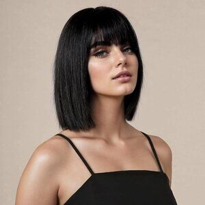 💫 Women Black Shoulder Bob Wigs Straight Bangs Fiber Synthetic Hair Natural